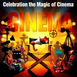 A vibrant and dynamic poster emphasizing the art of filmmaking, featuring a collage of film equipment like cameras, clapperboards, and film reels, intertwined with colorful film strips