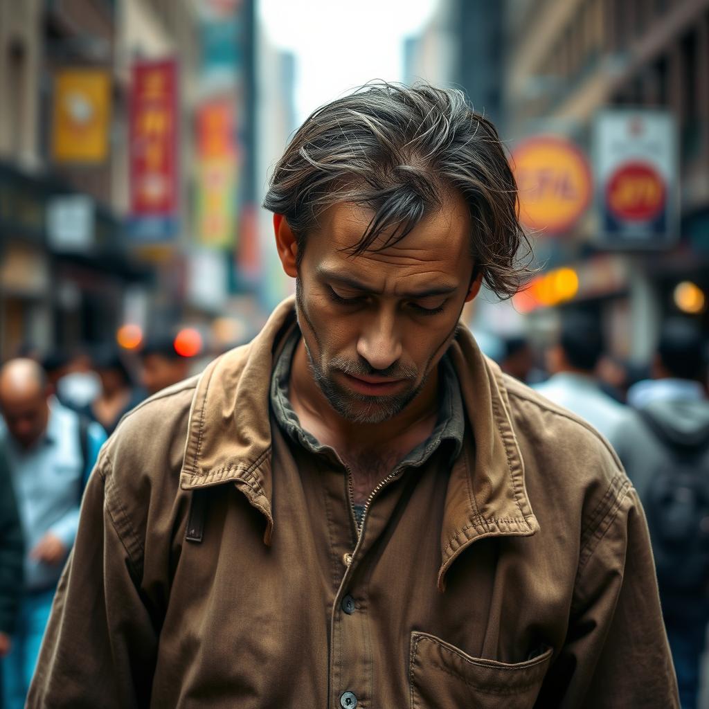 A man with a look of vulnerability, wearing simple, worn clothes in earthy tones