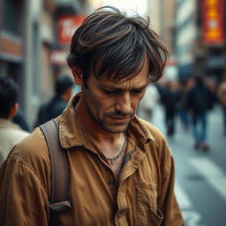 A man with a look of vulnerability, wearing simple, worn clothes in earthy tones