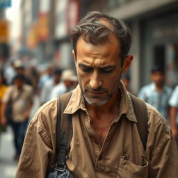 A man with a look of vulnerability, wearing simple, worn clothes in earthy tones