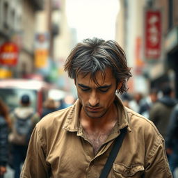 A man with a look of vulnerability, wearing simple, worn clothes in earthy tones