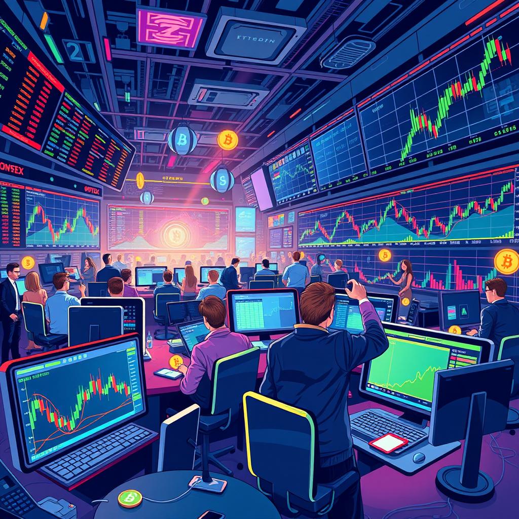 A dynamic and colorful illustration showcasing the price action trading with cryptocurrencies