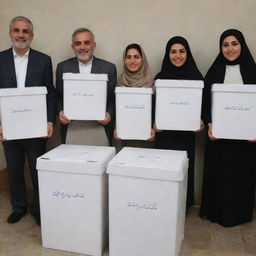 A diverse group of Iranian citizens proudly standing beside ballot boxes in a harmonious election environment, demonstrating the essence of democracy.