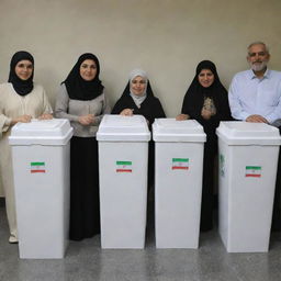 A diverse group of Iranian citizens proudly standing beside ballot boxes in a harmonious election environment, demonstrating the essence of democracy.