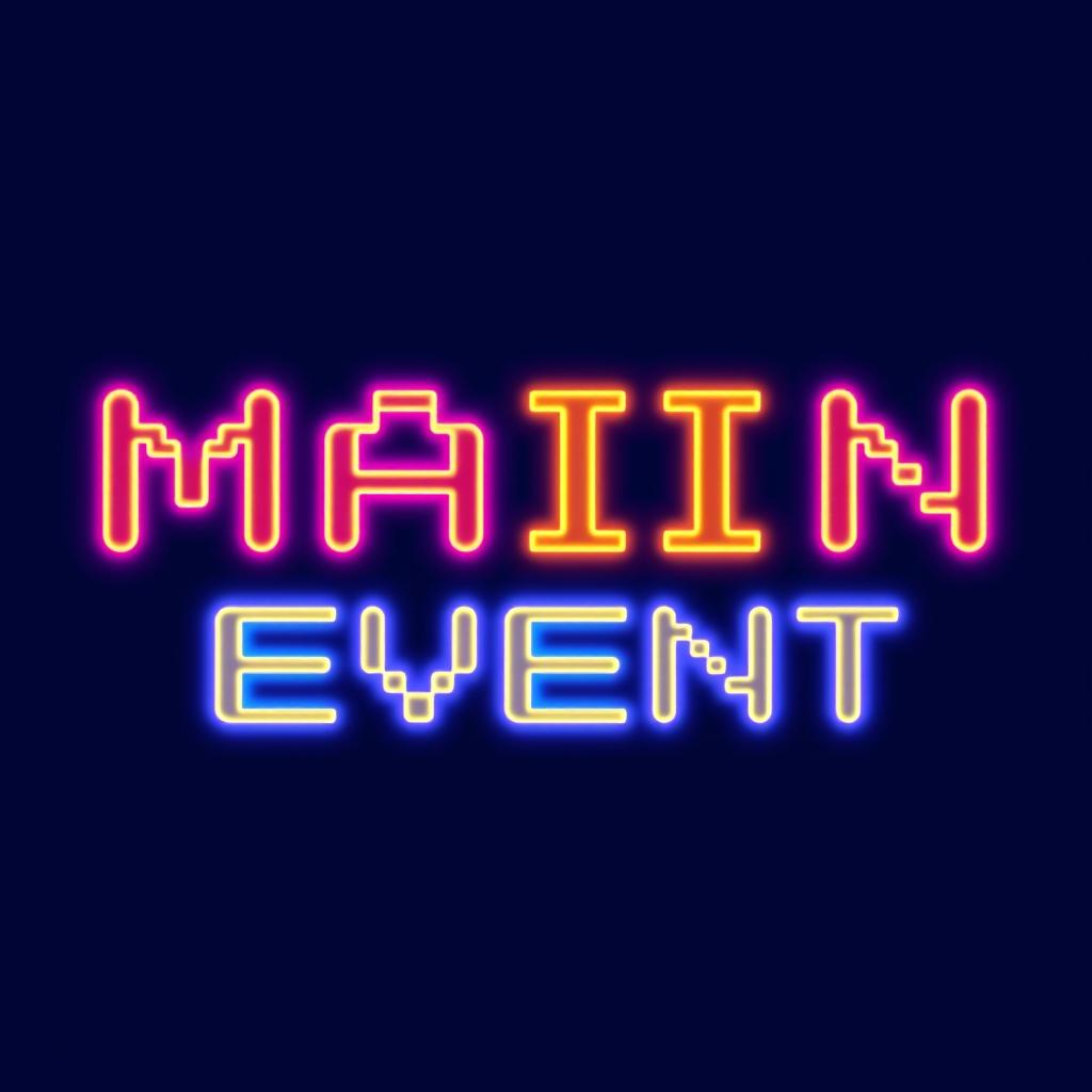 A stylized logo with neon text reading 'MAIN EVENT' in 16-bit graphics style