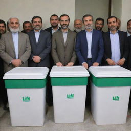 A diverse group of Iranian citizens proudly standing beside ballot boxes in a harmonious election environment, demonstrating the essence of democracy.