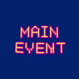 A stylized logo with neon text reading 'MAIN EVENT' in 16-bit graphics style