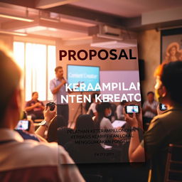 A cover design for an F4-sized proposal document featuring a vibrant scene of a person conducting a photography seminar or content creator workshop