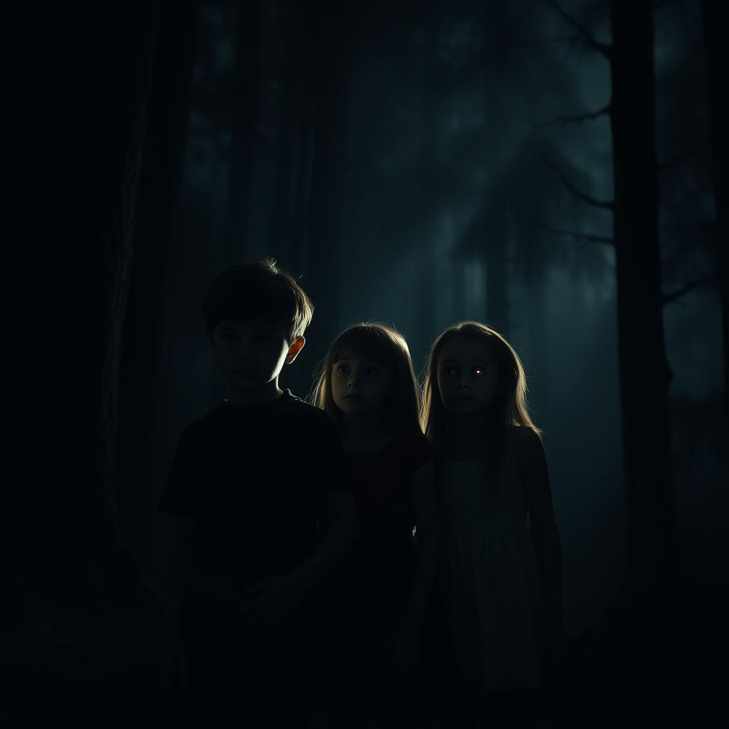 A mysterious scene in the dark, featuring one boy and two girls standing together, gazing intently at glowing eyes in the shadows