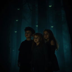 A mysterious scene in the dark, featuring one boy and two girls standing together, gazing intently at glowing eyes in the shadows