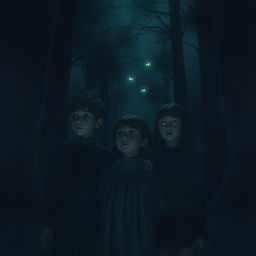 A mysterious scene in the dark, featuring one boy and two girls standing together, gazing intently at glowing eyes in the shadows