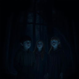 A mysterious scene in the dark, featuring one boy and two girls standing together, gazing intently at glowing eyes in the shadows