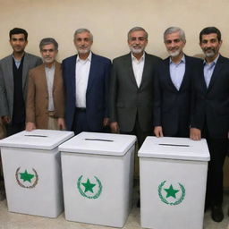 A diverse group of Iranian citizens proudly standing beside ballot boxes in a harmonious election environment, demonstrating the essence of democracy.