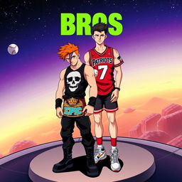 1980s anime title screen featuring two young men on a platform in space