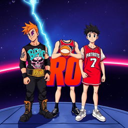 1980s anime title screen featuring two young men on a platform in space