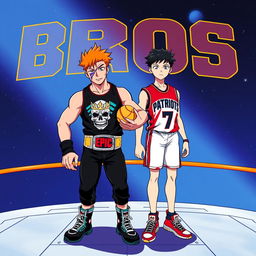 1980s anime title screen featuring two young men on a platform in space