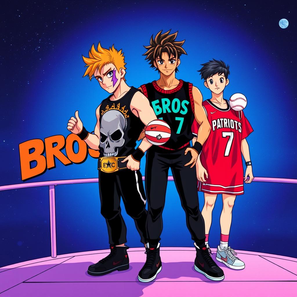 1980s anime title screen featuring two young men on a platform in space