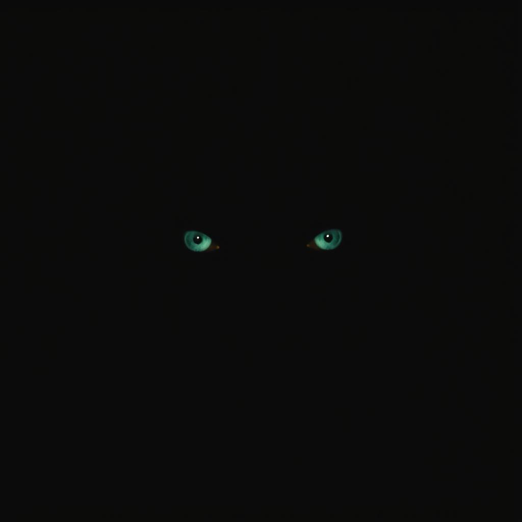 A haunting and mysterious image focused on a pair of glowing eyes in the darkness