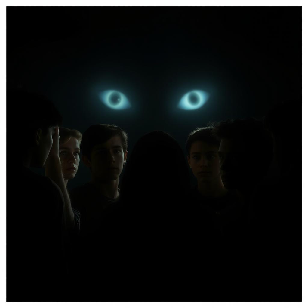 Teenagers gathered around, looking at a pair of mysterious, glowing eyes in the dark