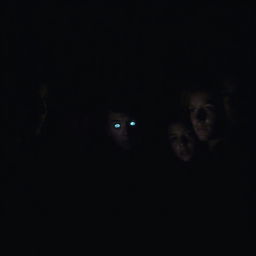 Teenagers gathered around, looking at a pair of mysterious, glowing eyes in the dark