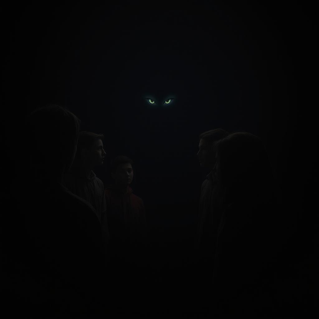 Teenagers gathered around, looking at a pair of mysterious, glowing eyes in the dark