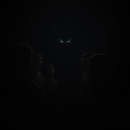 Teenagers gathered around, looking at a pair of mysterious, glowing eyes in the dark