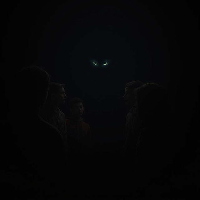 Teenagers gathered around, looking at a pair of mysterious, glowing eyes in the dark