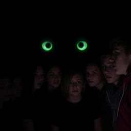 Teenagers gathered around, looking at a pair of mysterious, glowing eyes in the dark