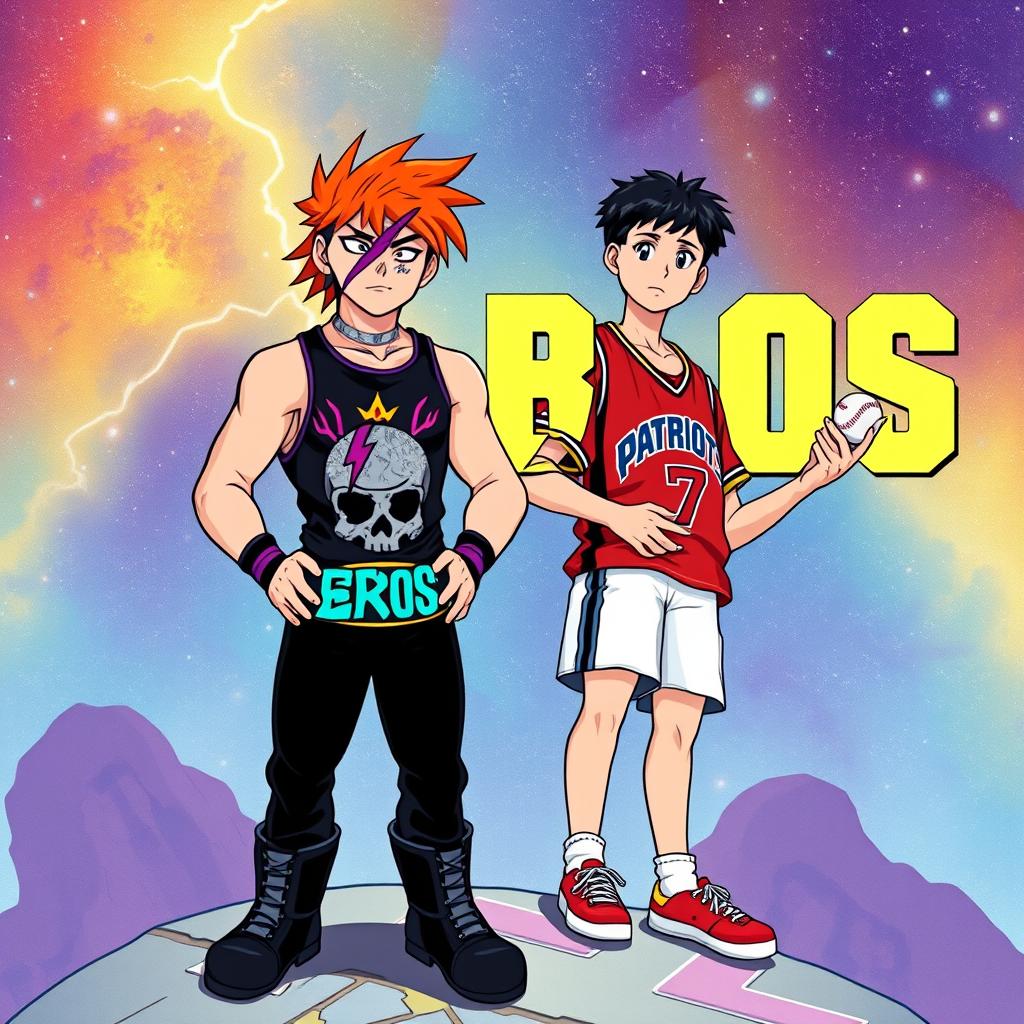 1980s anime title screen featuring two young men on a cosmic platform