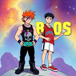 1980s anime title screen featuring two young men on a cosmic platform