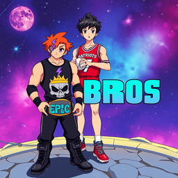 1980s anime title screen featuring two young men on a cosmic platform