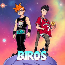 1980s anime title screen featuring two young men on a cosmic platform