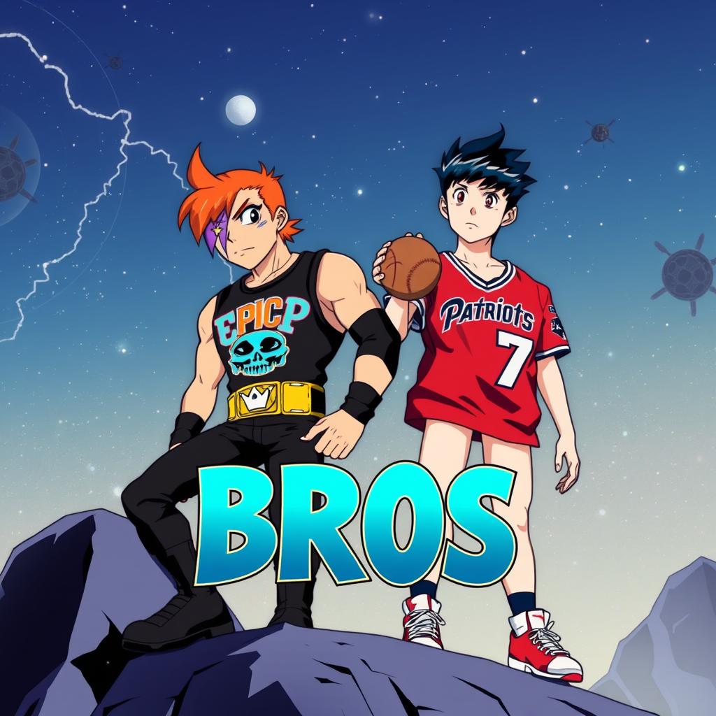 1980s anime title screen featuring two young men on a cosmic platform