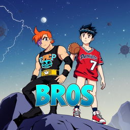 1980s anime title screen featuring two young men on a cosmic platform