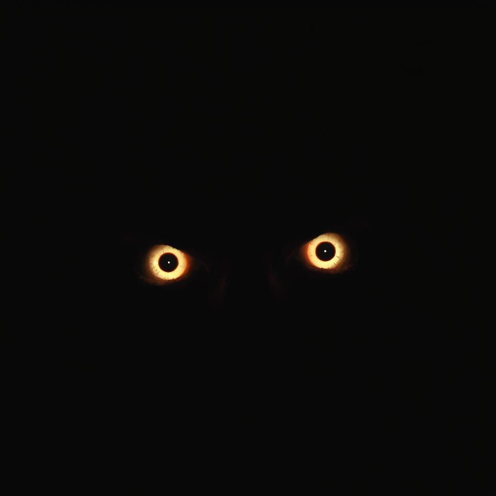 a pair of eerie, glowing eyes peering through the darkness, surrounded by ominous shadows, creating a terrifying and unsettling atmosphere, the eyes are intense and convey a sense of dread, set in an extremely low-light environment with dramatic lighting highlighting only certain features to enhance the horror effect