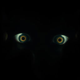 a pair of eerie, glowing eyes peering through the darkness, surrounded by ominous shadows, creating a terrifying and unsettling atmosphere, the eyes are intense and convey a sense of dread, set in an extremely low-light environment with dramatic lighting highlighting only certain features to enhance the horror effect