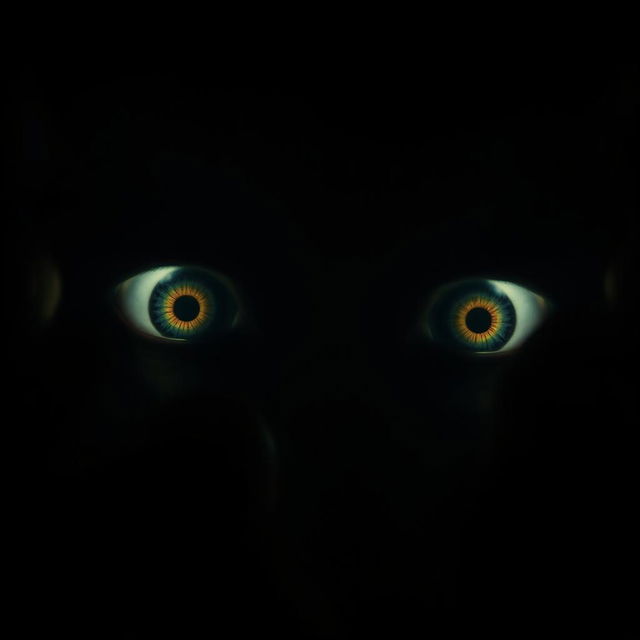 a pair of eerie, glowing eyes peering through the darkness, surrounded by ominous shadows, creating a terrifying and unsettling atmosphere, the eyes are intense and convey a sense of dread, set in an extremely low-light environment with dramatic lighting highlighting only certain features to enhance the horror effect