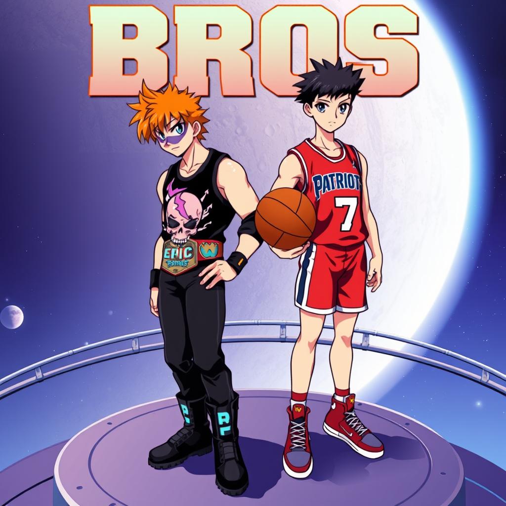 1980s anime title screen featuring the text "BROS", showcasing two young men on a space platform