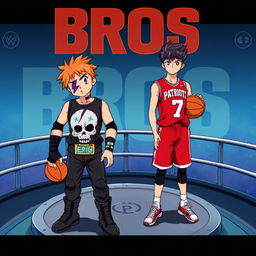 1980s anime title screen featuring the text "BROS", showcasing two young men on a space platform