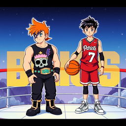 1980s anime title screen featuring the text "BROS", showcasing two young men on a space platform