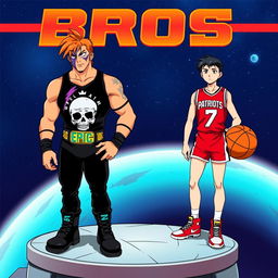 1980s anime title screen featuring the text "BROS", showcasing two young men on a space platform