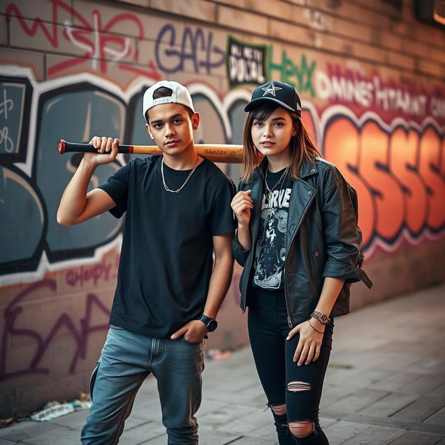 Two young adults posing confidently with a baseball bat in an urban environment