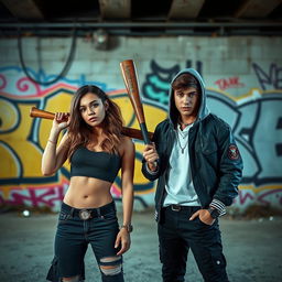 Two young adults posing confidently with a baseball bat in an urban environment