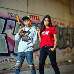 Two young adults posing confidently with a baseball bat in an urban environment