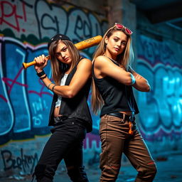 Two young adults posing confidently with a baseball bat in an urban environment