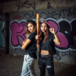 Two young adults posing confidently with a baseball bat in an urban environment