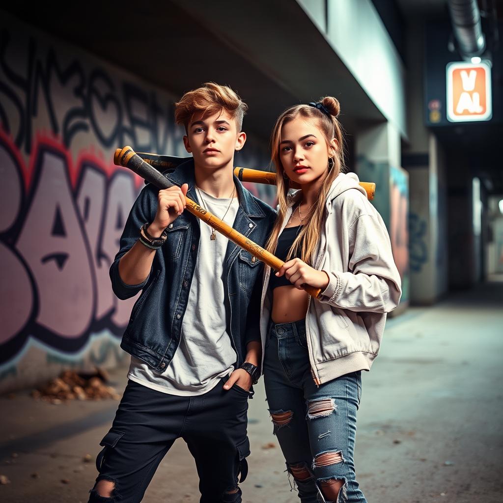 Two young adults posing confidently with a baseball bat in an urban environment