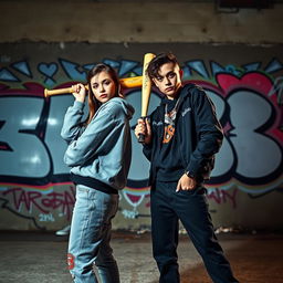 Two young adults posing confidently with a baseball bat in an urban environment