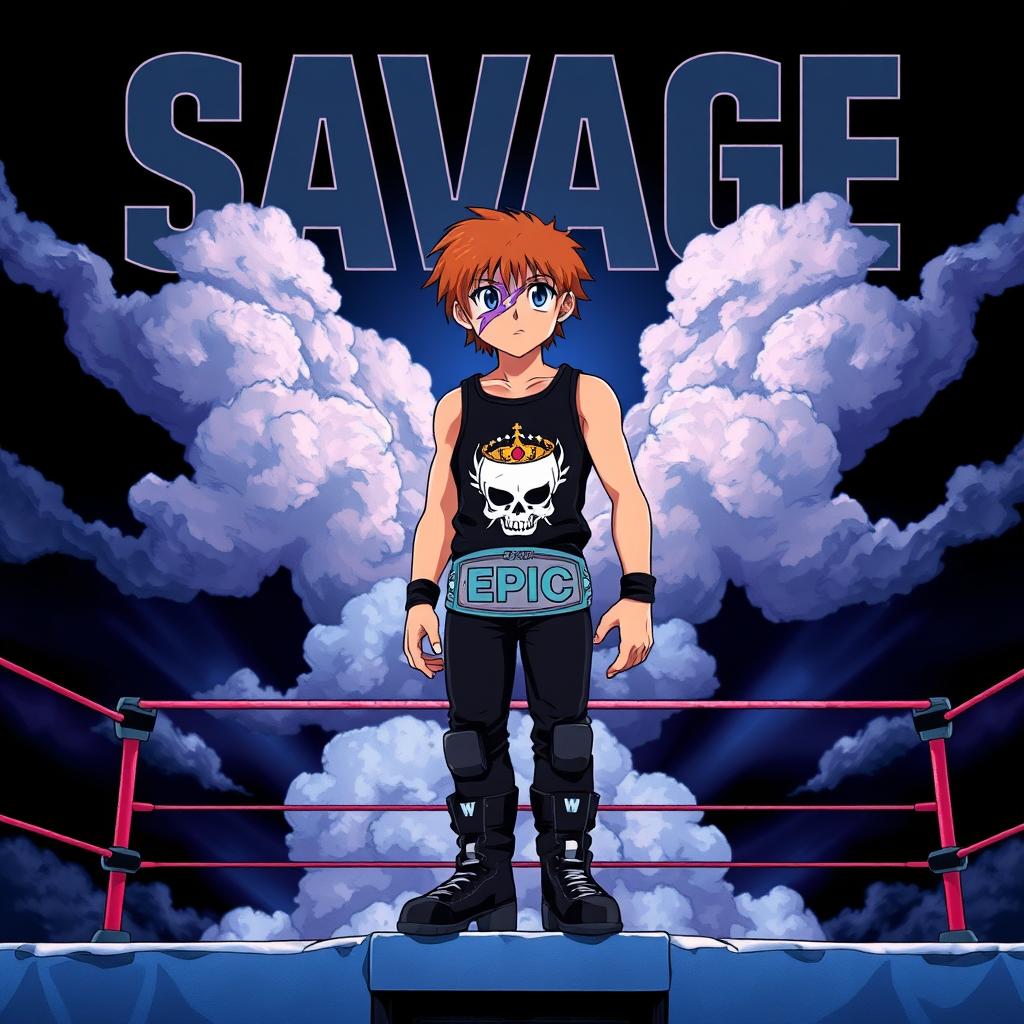 A 1980s anime style title screen featuring a young wrestler standing on the top rope of a wrestling ring surrounded by clouds