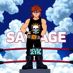 A 1980s anime style title screen featuring a young wrestler standing on the top rope of a wrestling ring surrounded by clouds